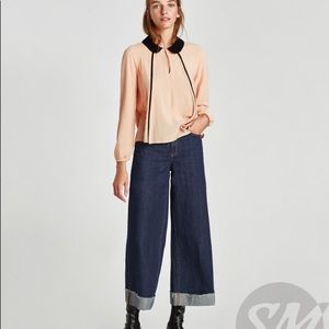 ZARA PEACH TOP BLOUSE WITH BLACK COLLAR BRAND NEW WITH TAGS SMALL